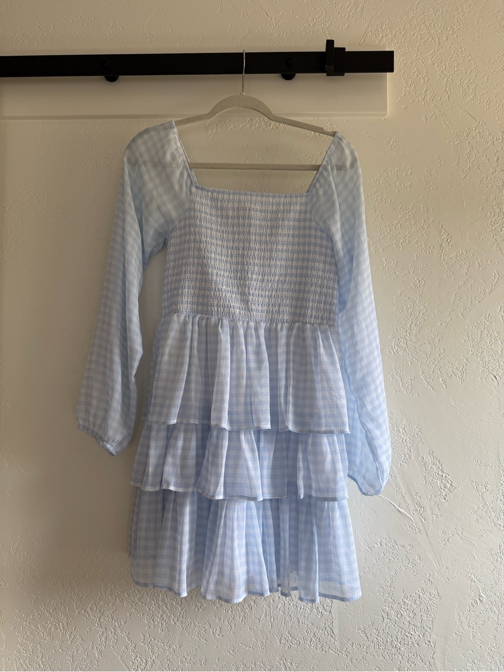 Almost Famous Light Blue Gingham Smocked Tiered Mini Dress